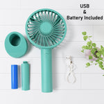 Portable Handheld Fan 3 Speeds Battery Operated Rechargeable with Base Holder