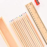 Colorful Wooden Pencil Set with Pencil box, Ruler, Sharpener (12 Pcs Set)