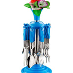Durable stainless steel cutlery set with colorful plastic handles, 24 pieces.