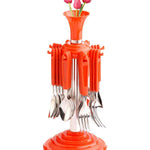 Stylish 24-piece stainless steel cutlery set with plastic handles.