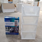 Stackable and foldable plastic drawer organizer with four layers for multi-purpose use.