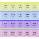Weekly medicine storage container with 4 rows and easy-to-open compartments.