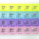 4-row weekly pill case organizer with 28 compartments for daily medicine storage.