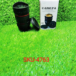 Coffee mug with a camera lens design in stainless steel, highlighting its unique and detailed look