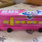 Bus-shaped pencil case with movable wheels, double decker.