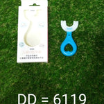 Kids' toothbrush with a unique U-shape for thorough and comfortable brushing.