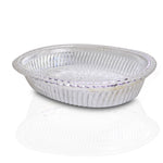 Silver gift tray with an ornate royal design, oval shape.