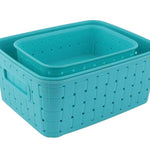 Set of 3 sky blue smart storage baskets.