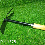 Complete view of double hoe gardening tool with wooden handle.