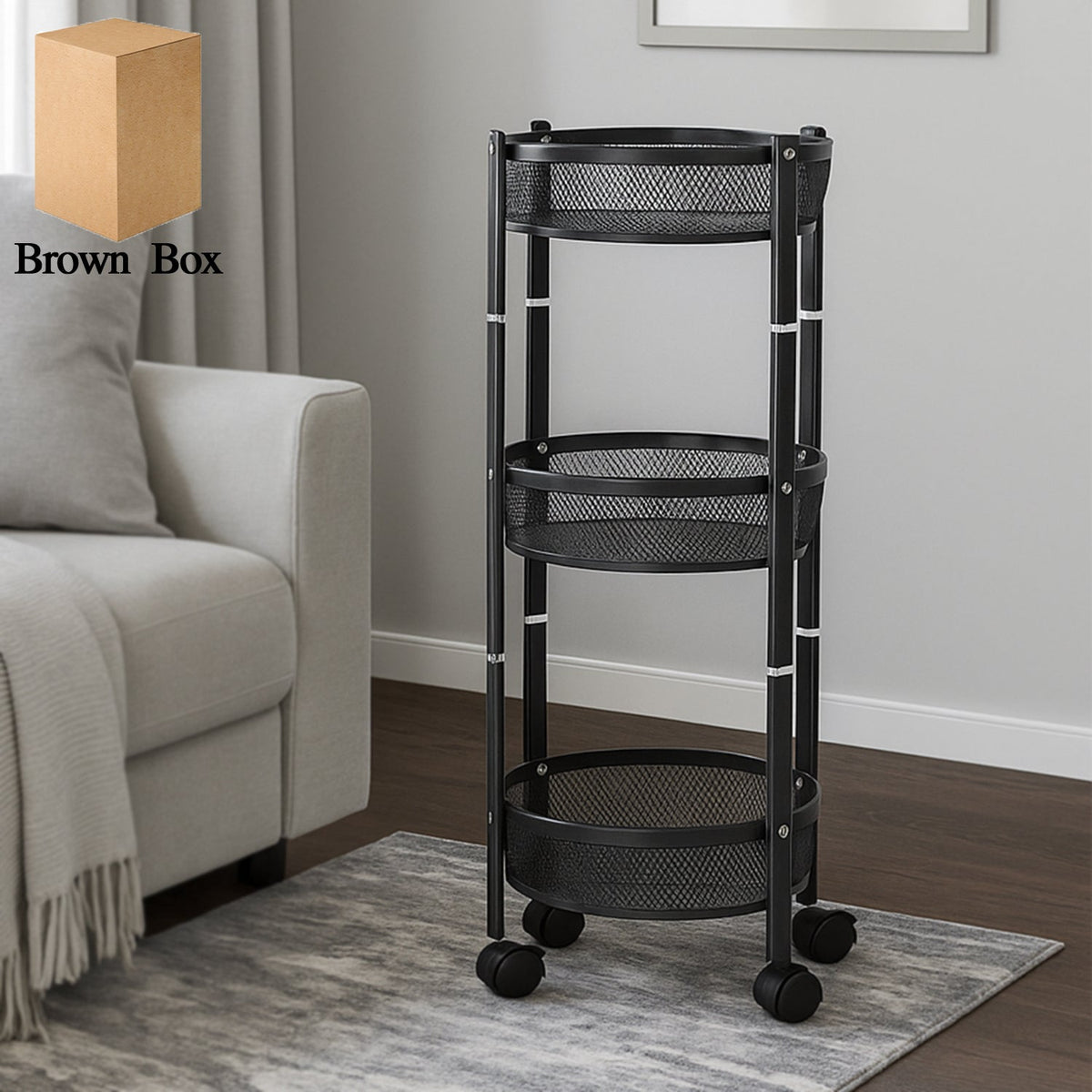3-Layer Round Metal Mesh Utility Storage Trolley with Wheels ...